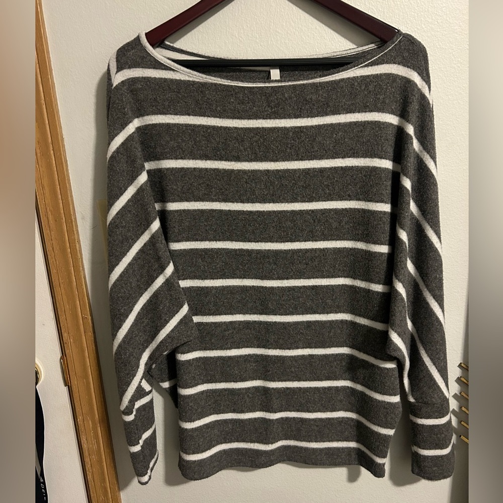 Grey and white striped fleece sweater